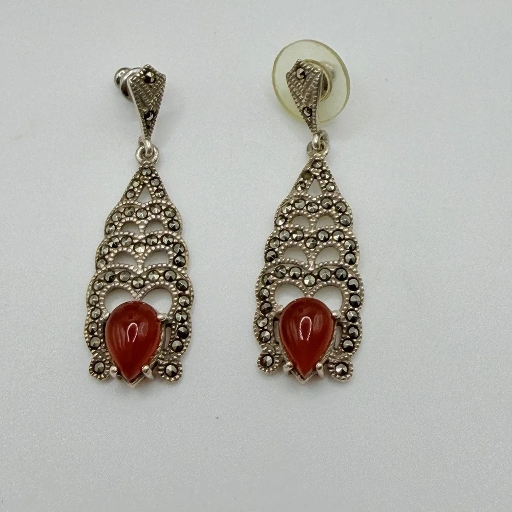 Vintage Sterling Silver 925 & Red Agate Marcasite Dangle Earrings Estate Formal